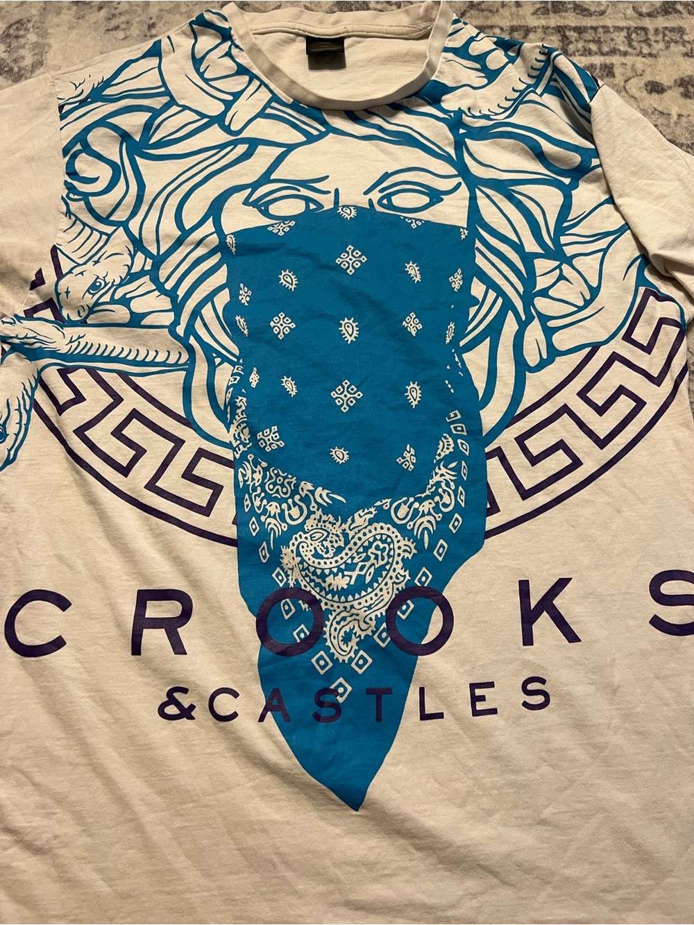 Crooks & Castles White Tee with Bright Turquoise Graphic - Picture 2 of 4